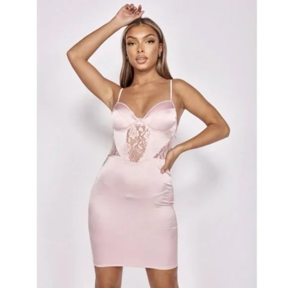 Pink Satin Silk Lace Sleeveless Bustier Bodycon Mini Dress - Picture 7 of 17